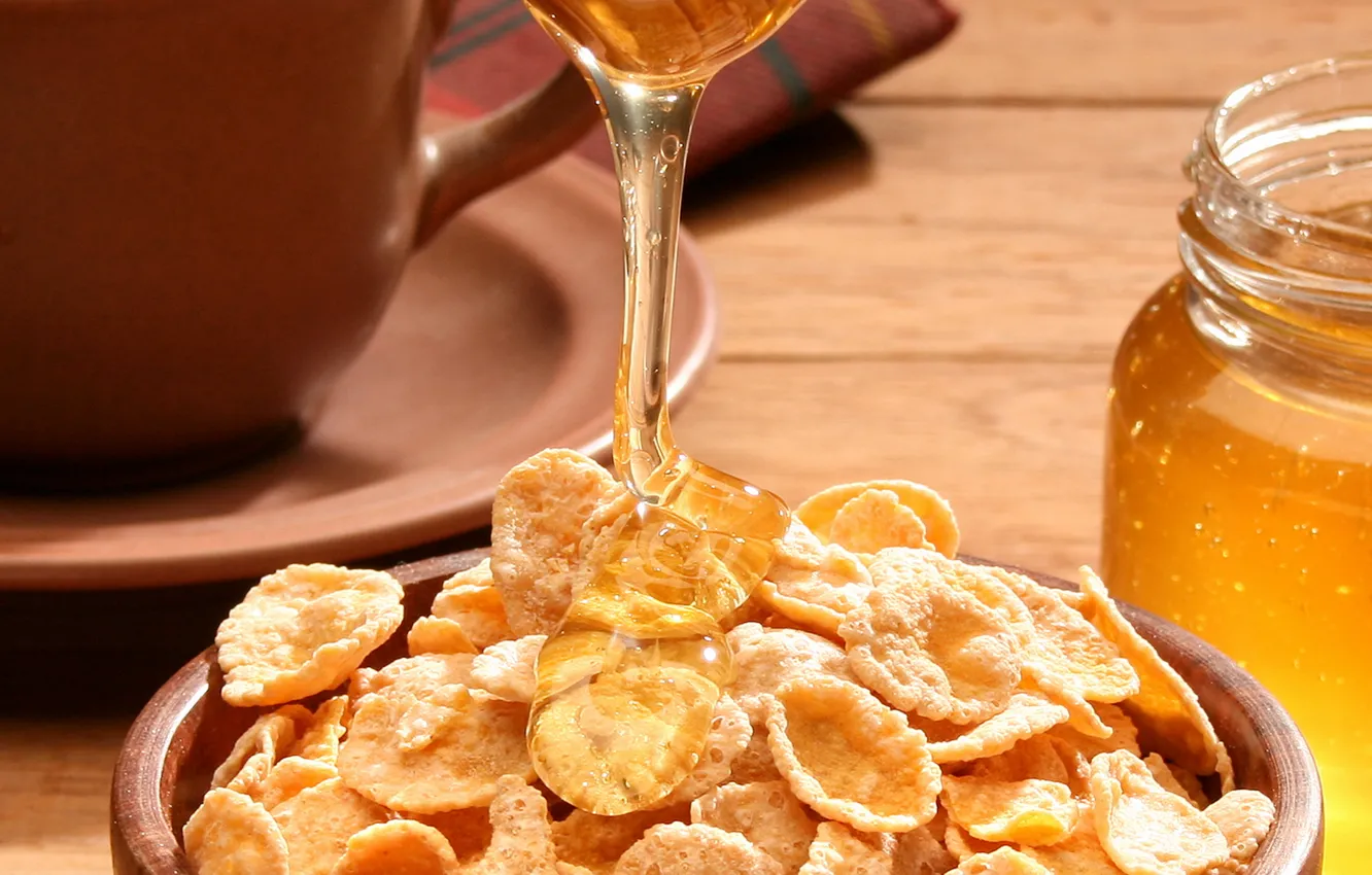Photo wallpaper food, honey, plate, Bank, sweet, cereal, a light Breakfast