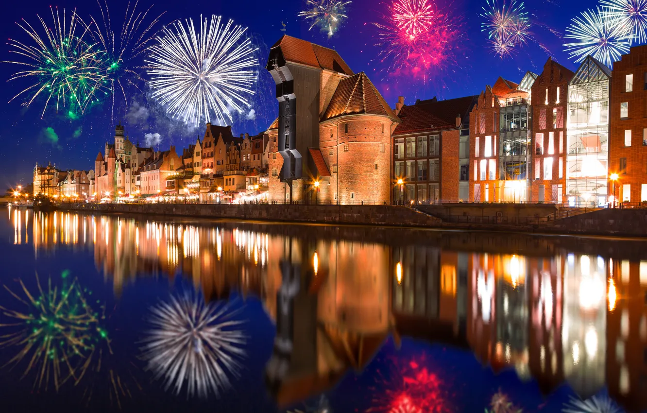 Photo wallpaper night, river, building, Poland, fireworks, Gdansk