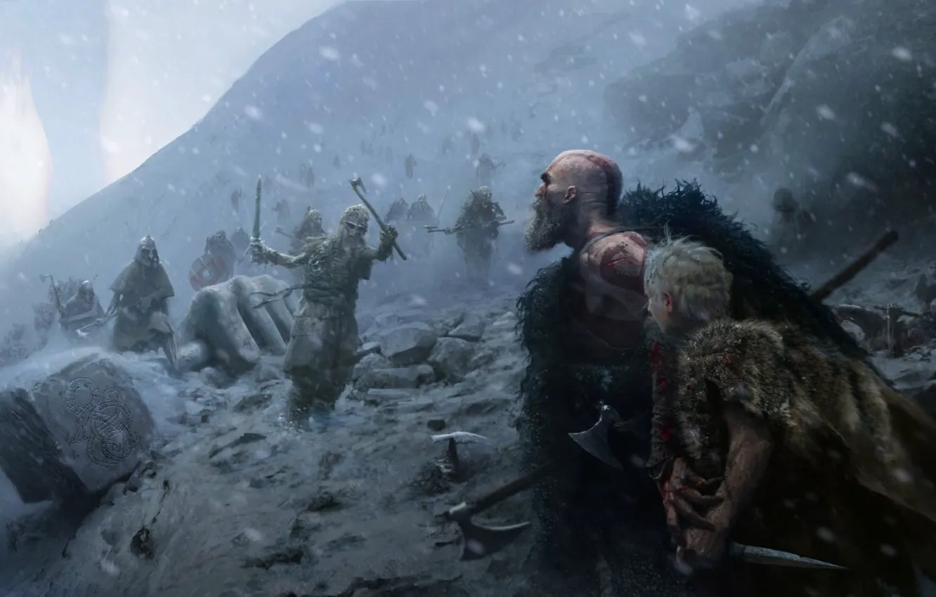 Photo wallpaper sword, game, demigod, blizzard, weapon, Kratos, God of War, snow