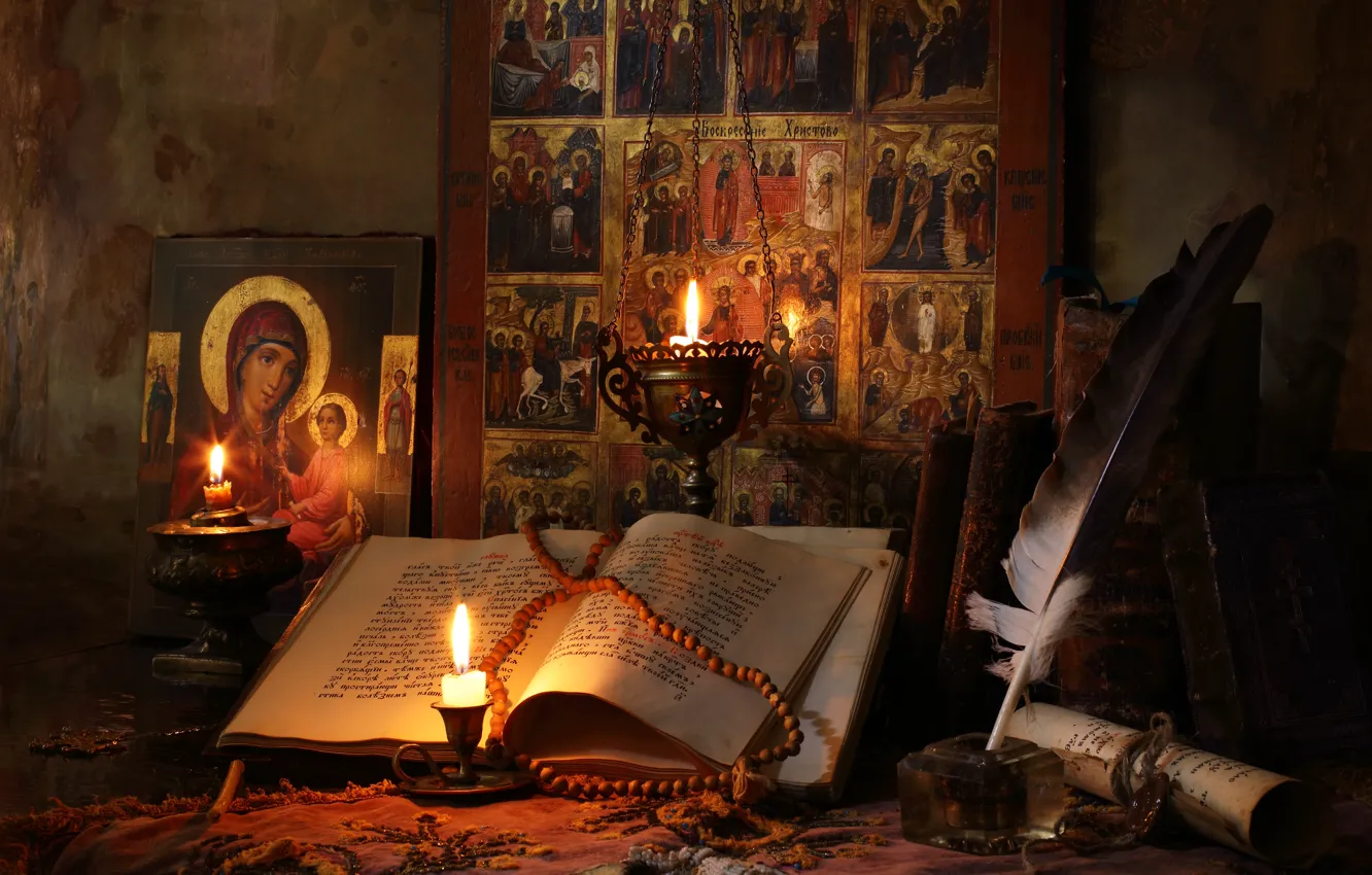 Photo wallpaper candles, feathers, icon