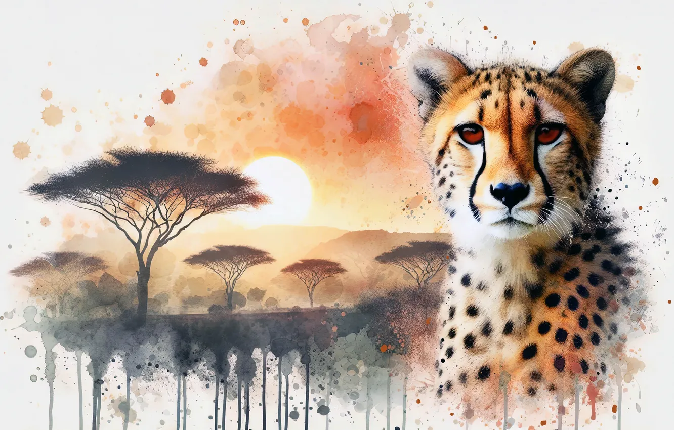 Photo wallpaper look, face, paint, portrait, Cheetah, white background, imitation of watercolor, imitation painting