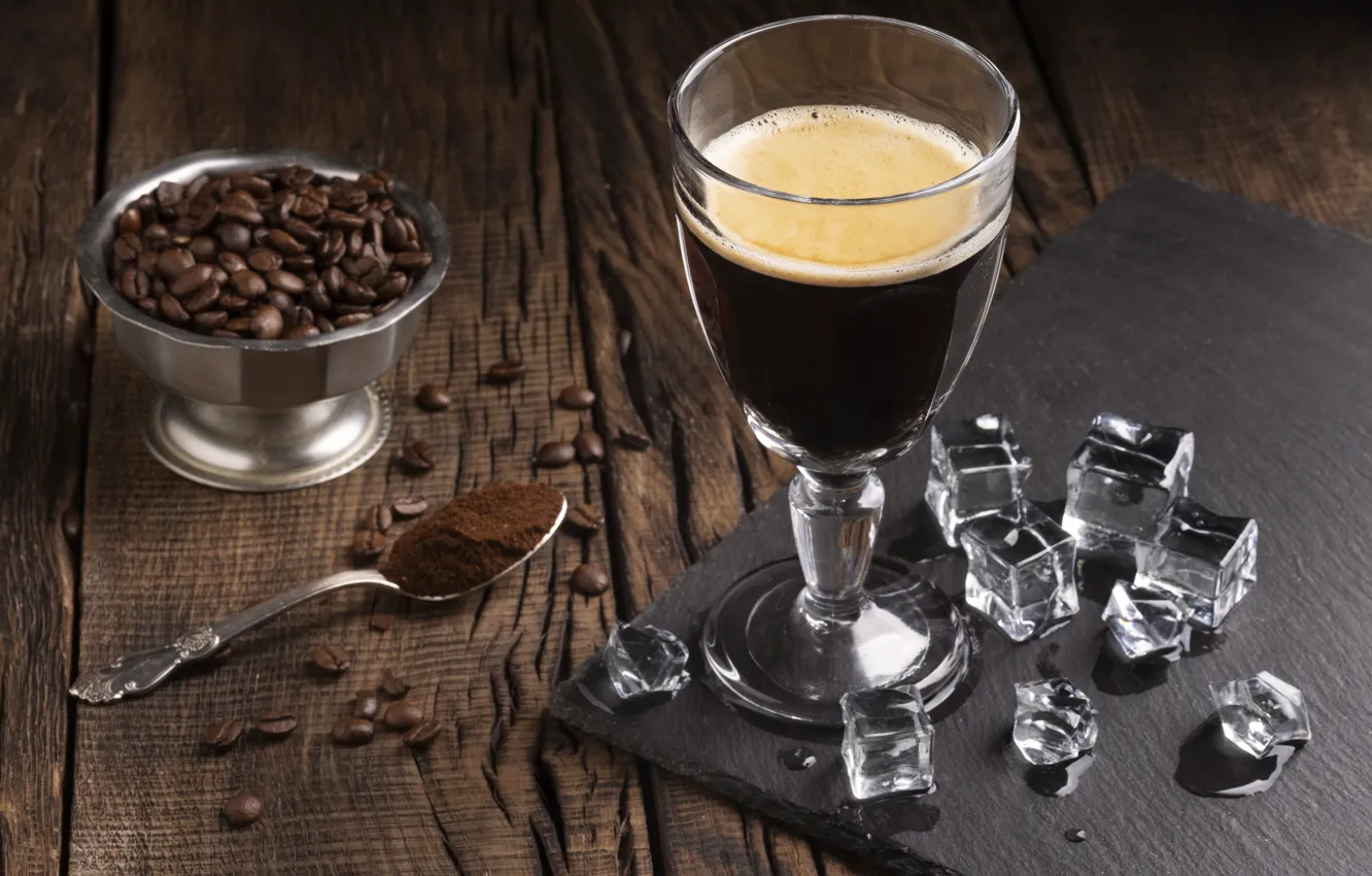 Photo wallpaper ice, glass, Board, glass, coffee, hammer, spoon, drink