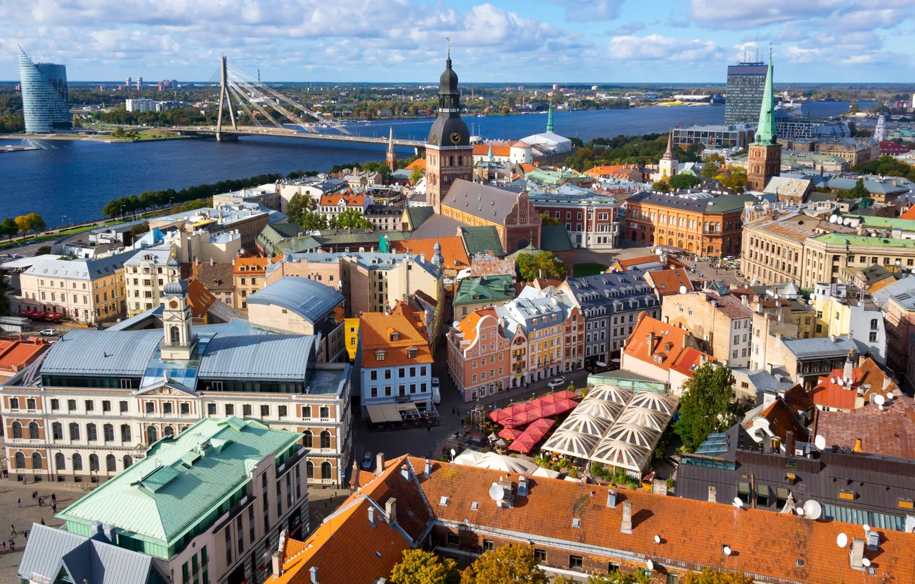 Photo wallpaper bridge, river, street, home, Riga, Latvia