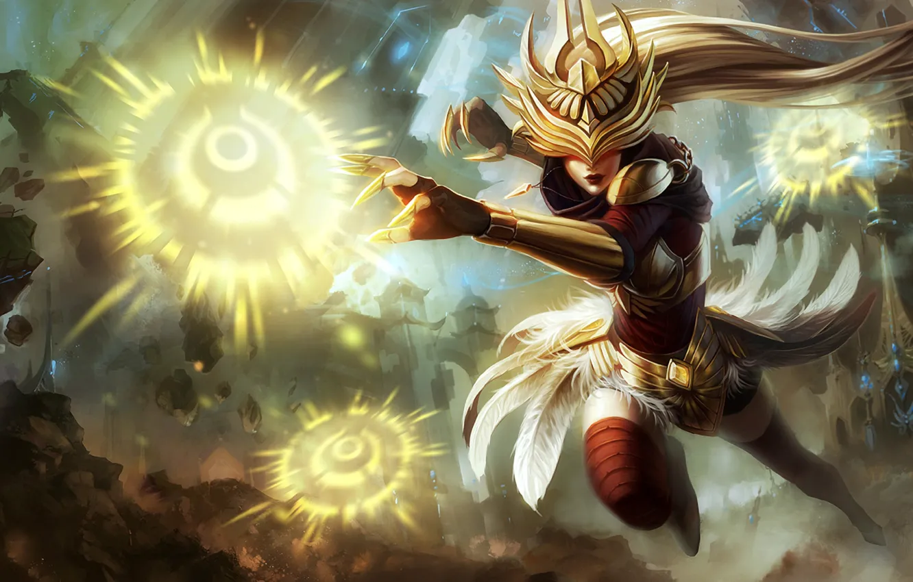 Photo wallpaper girl, the explosion, the city, magic, armor, feathers, League of Legends, LoL