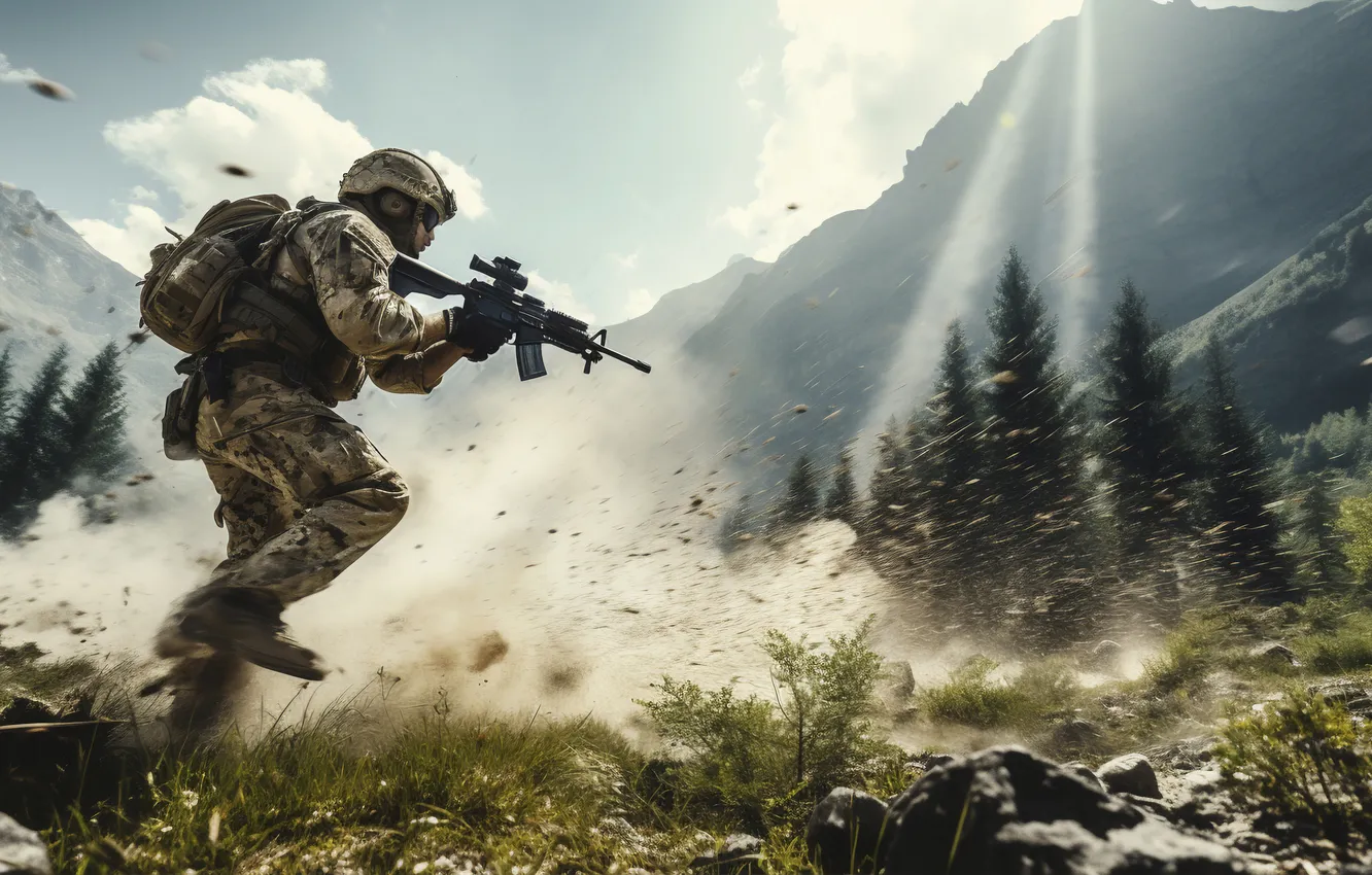 Photo wallpaper running, soldiers, machine, male, digital art, AI art, The Art of Artificial Intelligence, neural network