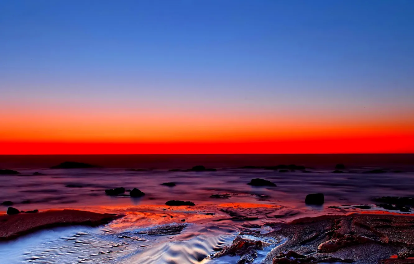 Photo wallpaper sea, the sky, sunset, shore, horizon, tide, glow