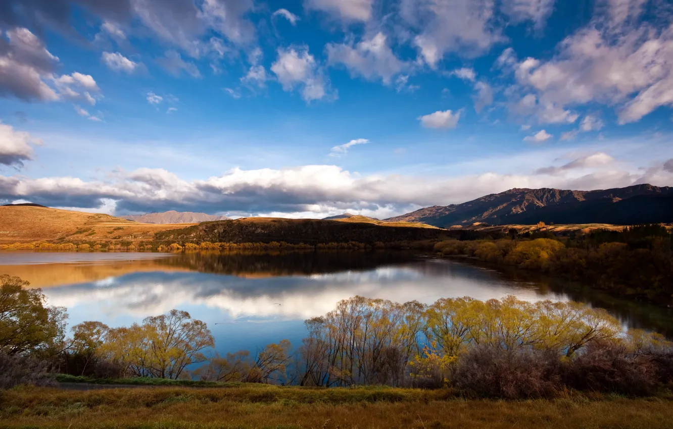 Photo wallpaper autumn, the sky, grass, clouds, mountains, lake, day, the bushes