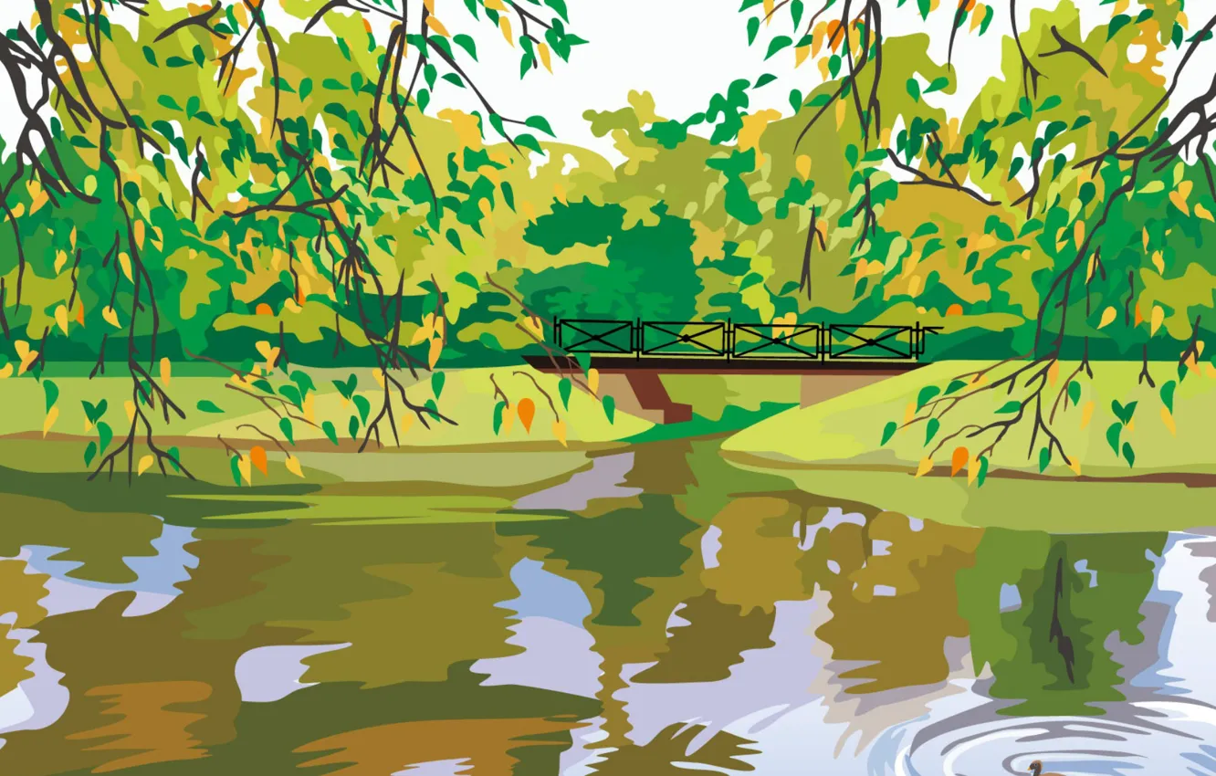 Photo wallpaper lake, branch, vector, the bridge, duck, digital painting