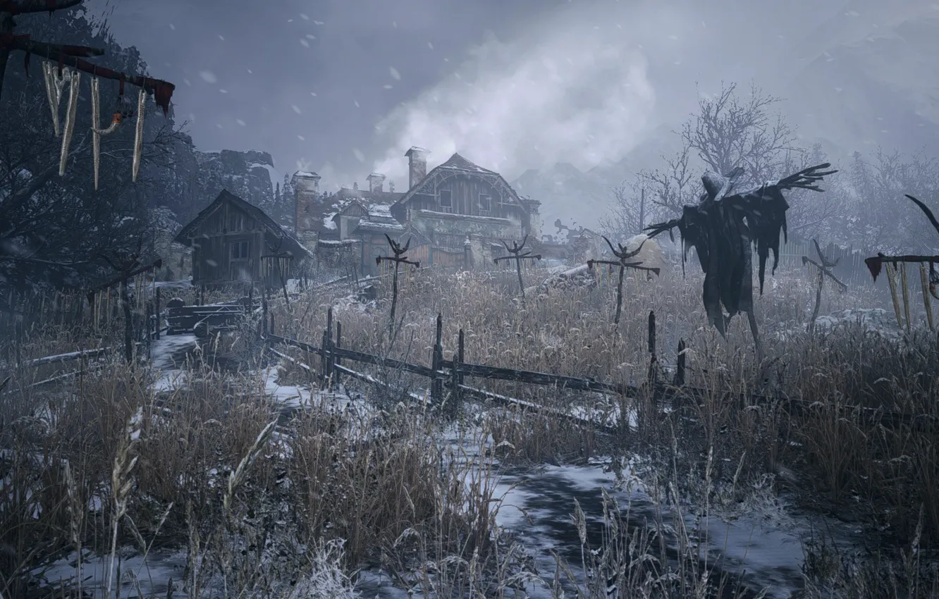 Photo wallpaper winter, home, icicles, Resident Evil, Scarecrow, gardens, Resident Evil 8: Village