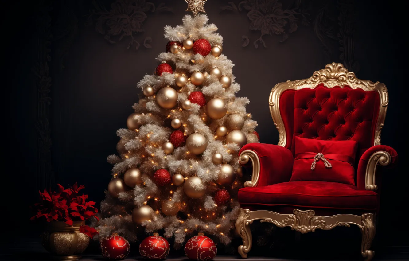 Photo wallpaper decoration, balls, tree, chair, New Year, Christmas, gifts, golden