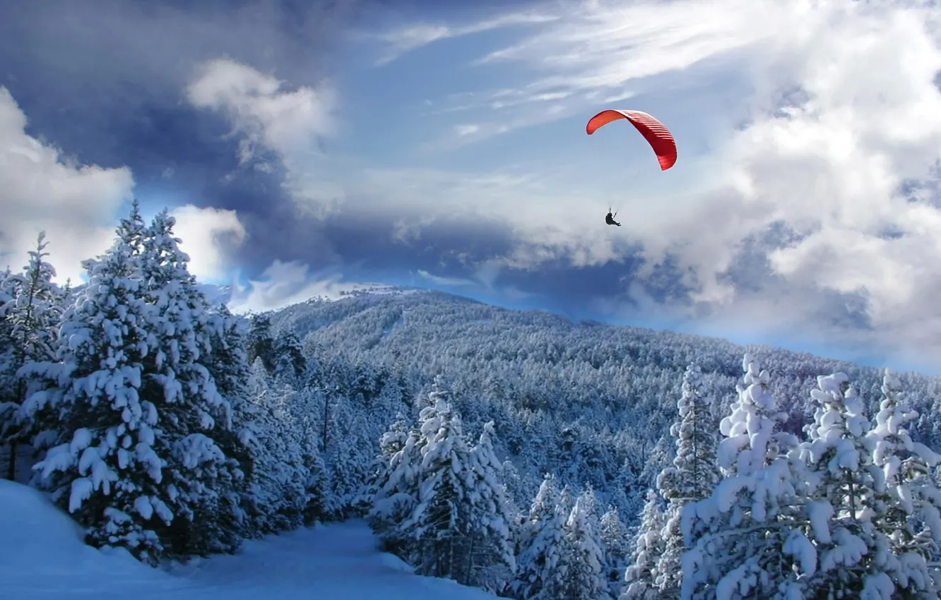 Photo wallpaper winter, flight, sport, paraglider