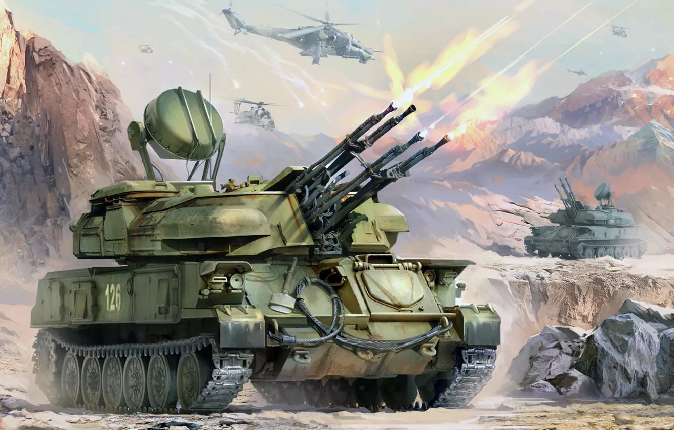 Photo wallpaper figure, art, Shilka, ZSU-23-4, Soviet antiaircraft self-propelled installation