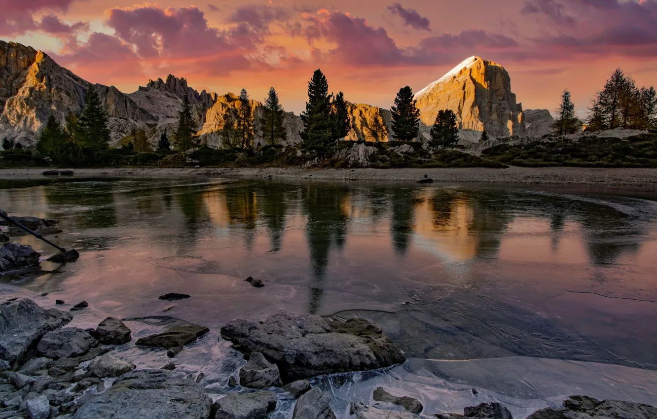 Photo wallpaper ice, sky, trees, sea, nature, water, winter, clouds