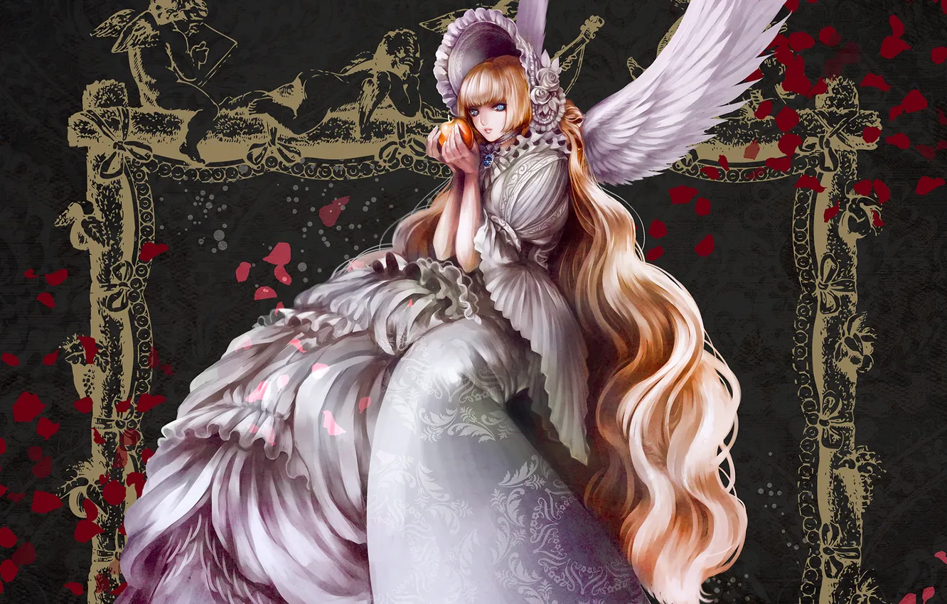 Photo wallpaper girl, apples, wings, petals