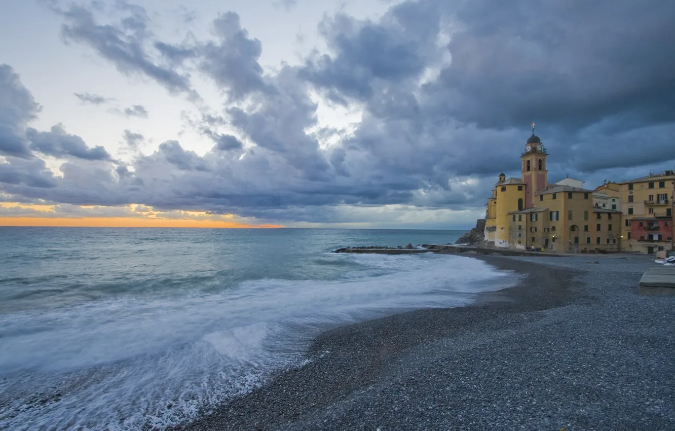 Photo wallpaper sea, coast, Italy, Church, Italy, Camogli, Liguria, Liguria