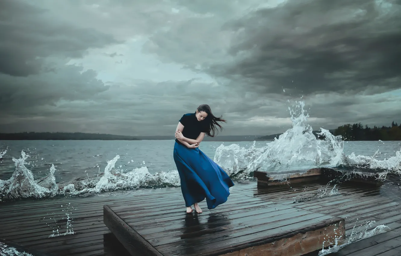 Photo wallpaper wave, girl, clouds, storm, the wind, element, Kelsie Taylor