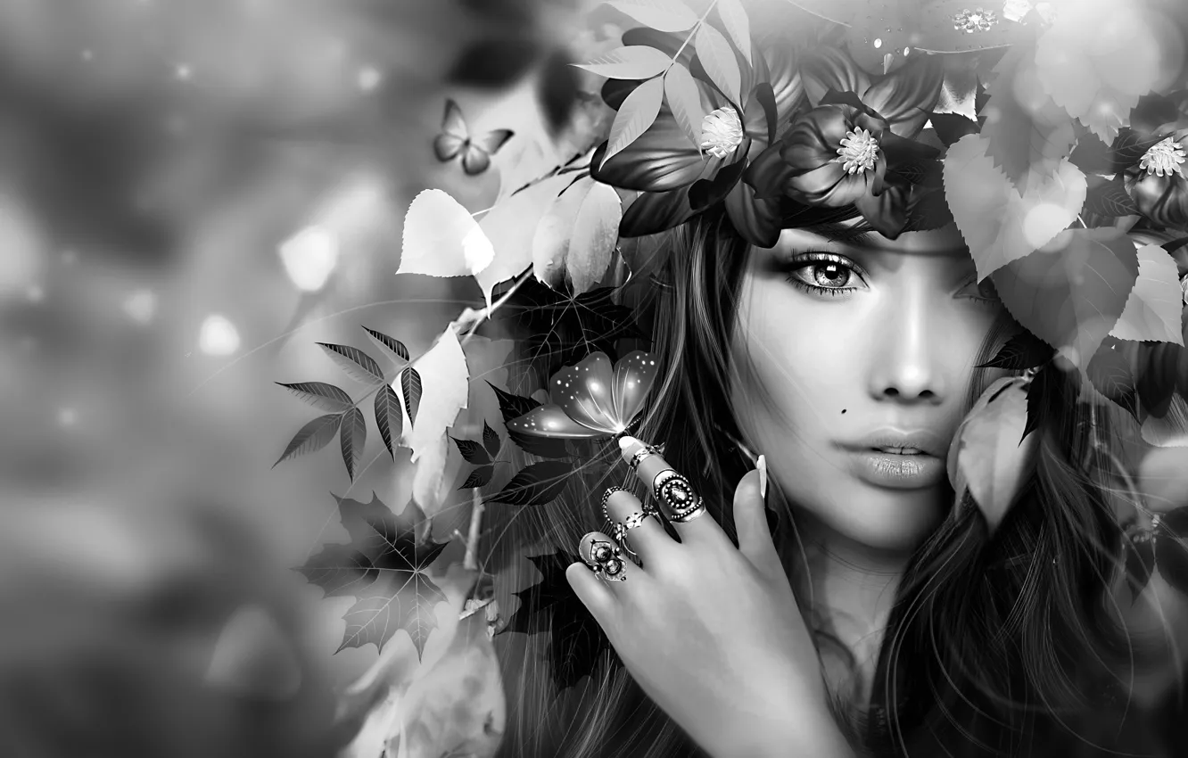 Photo wallpaper girl, flowers, face, mole