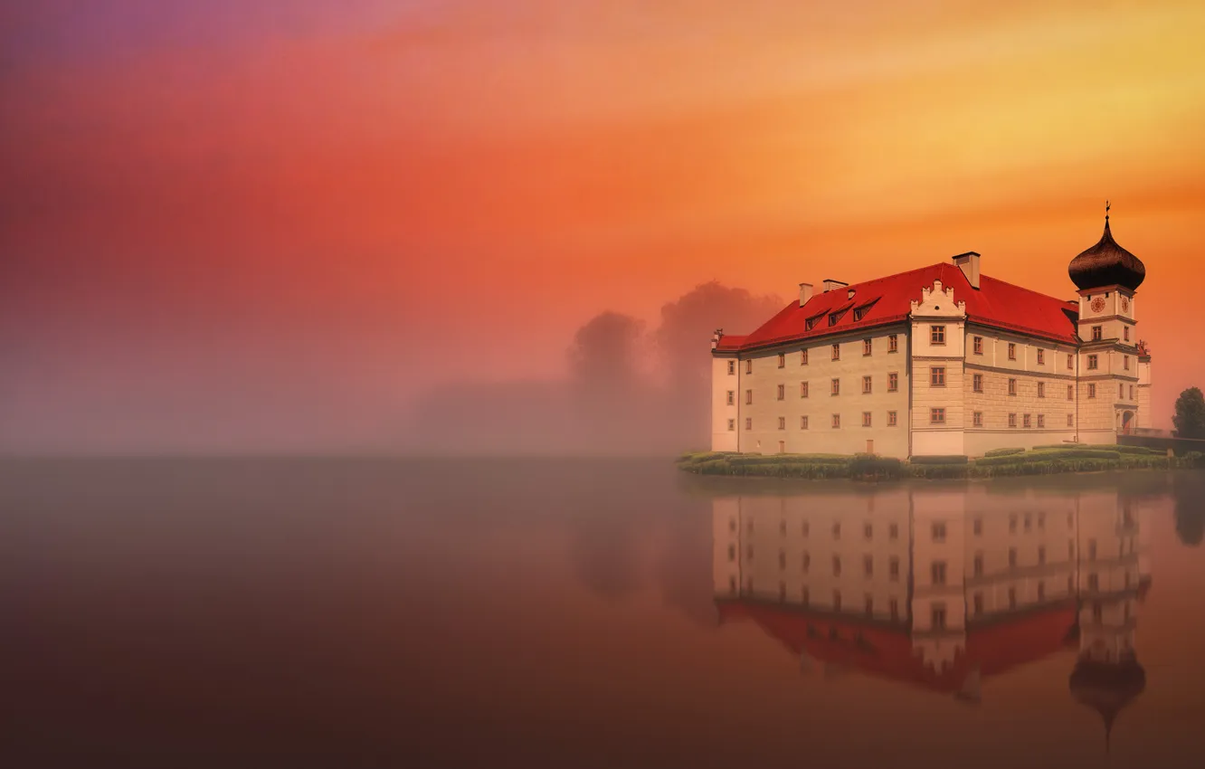 Photo wallpaper the city, fog, river, building, home