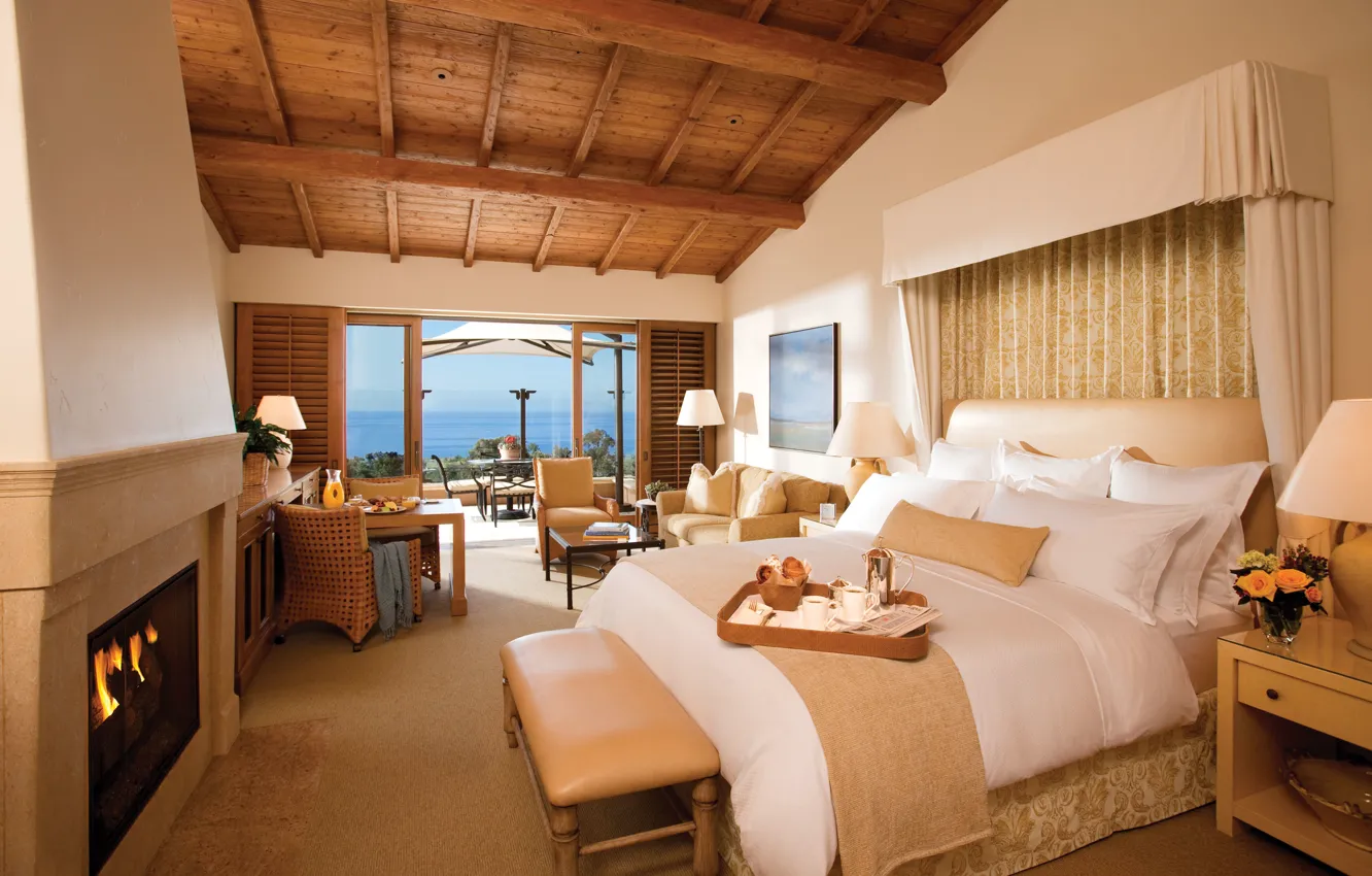 Photo wallpaper room, lamp, bed, chair, fireplace, table, design, bedroom