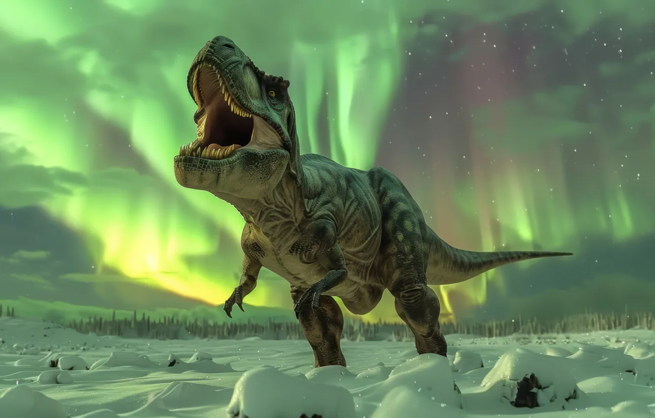Photo wallpaper winter, snow, animal, dinosaur, predator, Northern lights, grin, Tyrannosaurus