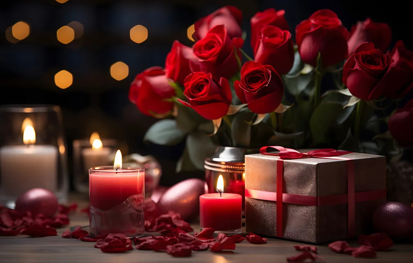 Photo wallpaper love, flowers, gift, romance, heart, roses, love, Valentine's day