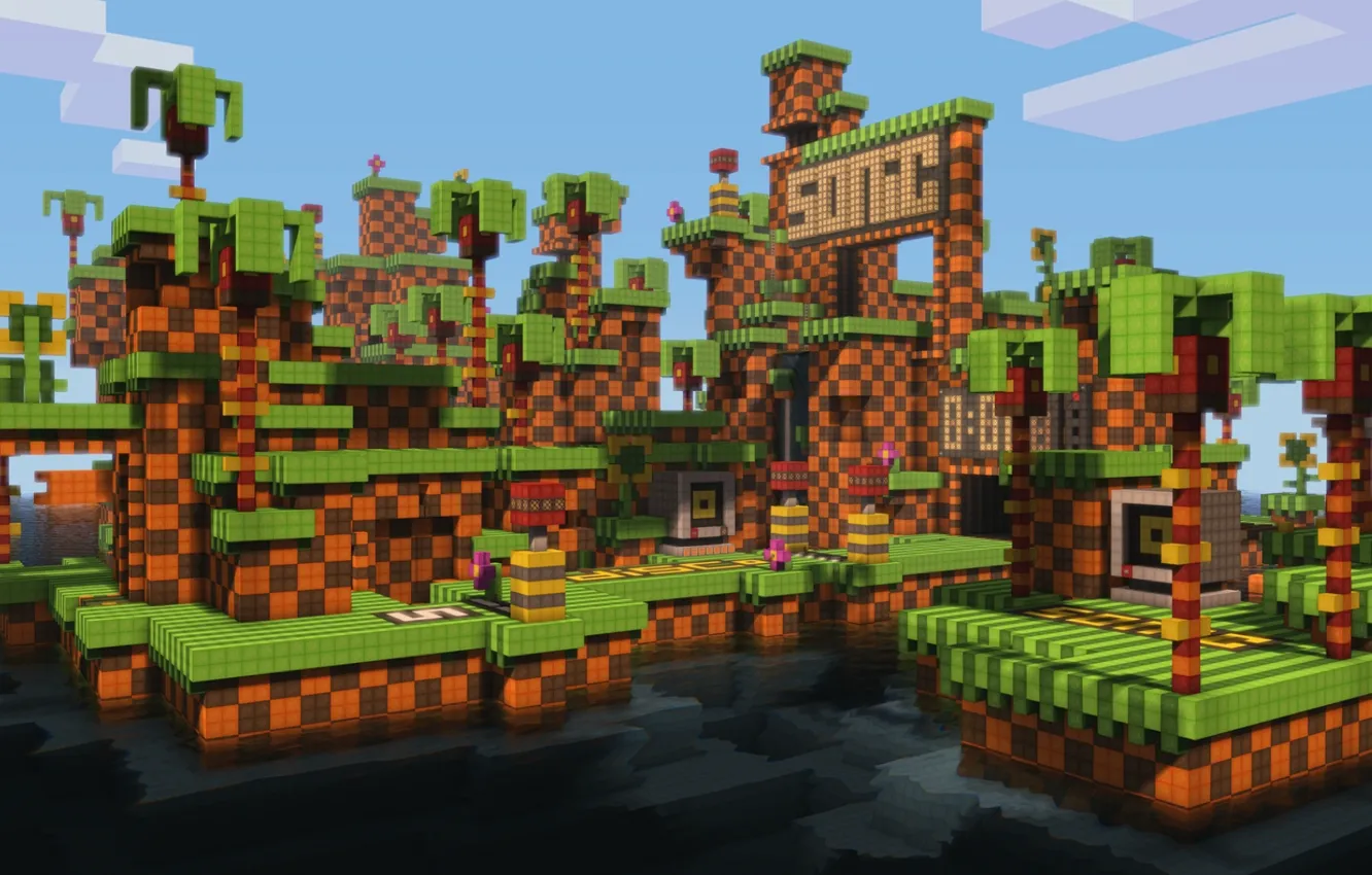 Photo wallpaper the sky, water, clouds, island, blocks, minecraft, hillside, Sonic