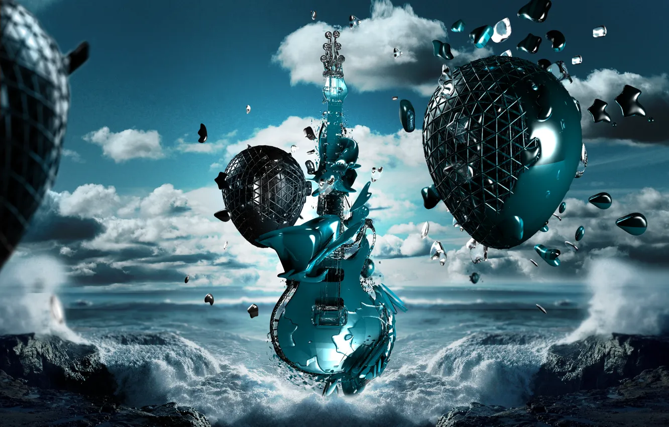 Photo wallpaper sea, wave, music, guitar, rock
