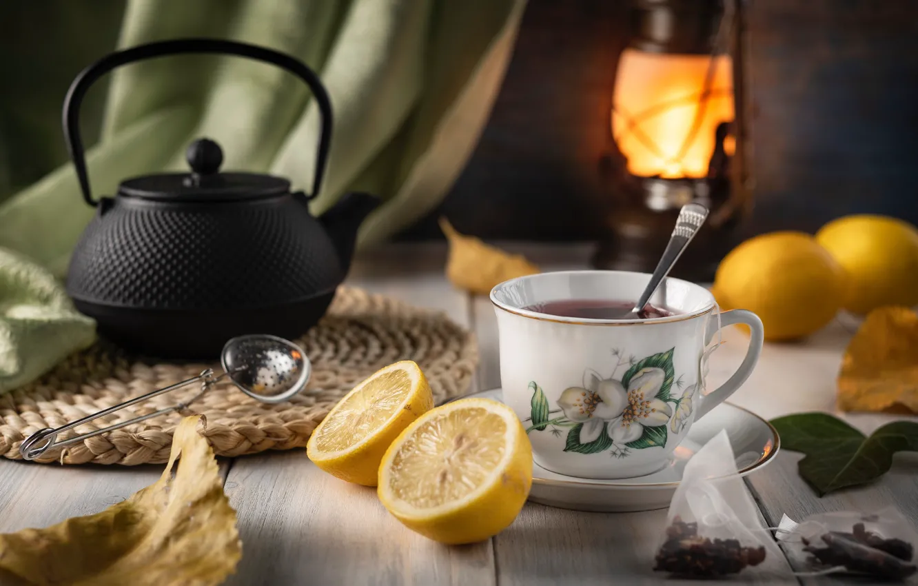 Photo wallpaper leaves, the dark background, table, lemon, tea, Board, bowl, kettle