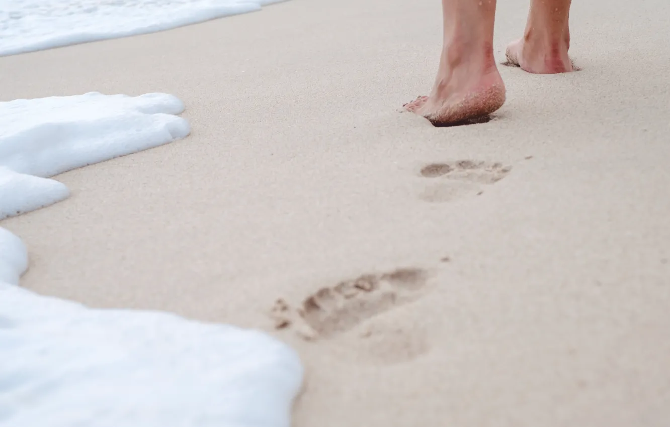 Photo wallpaper sand, sea, wave, beach, summer, traces, stay, feet