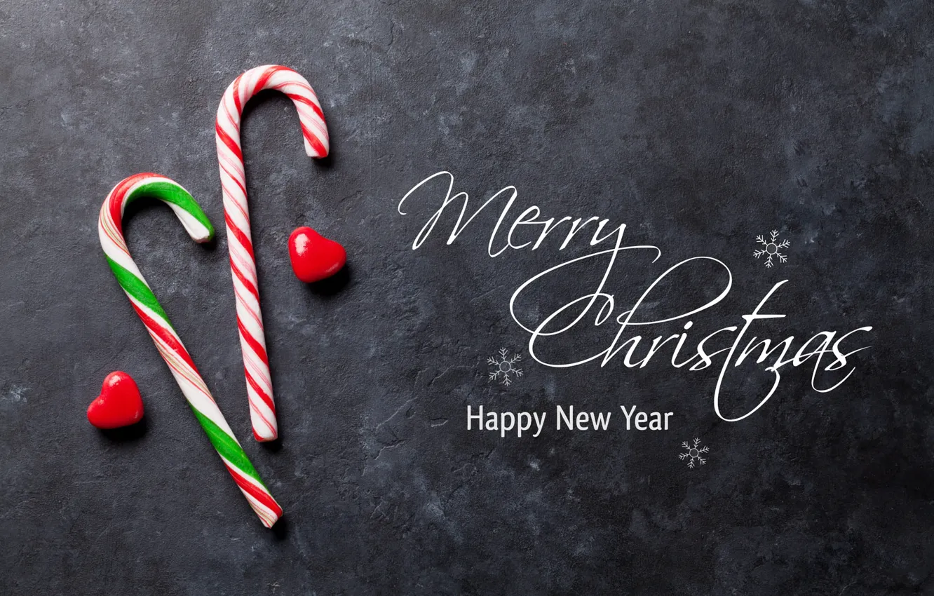 Photo wallpaper snowflakes, the inscription, new year, Christmas, pair, cane, hearts, grey background