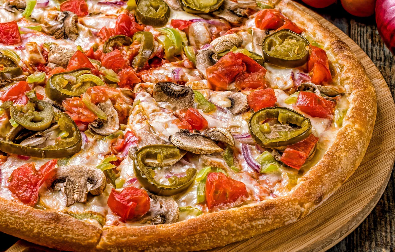 Photo wallpaper mushrooms, cheese, pepper, vegetables, pizza, tomatoes, filling
