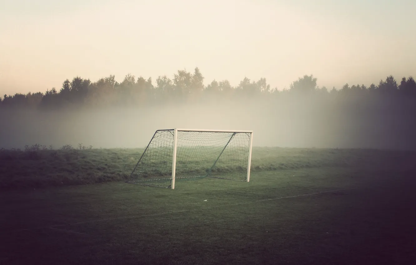 Photo wallpaper field, forest, fog, football, gate