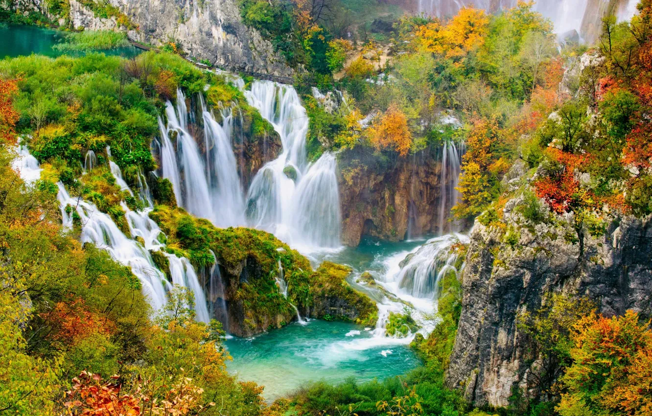 Photo wallpaper autumn, water, waterfall, Croatia, Plitvice lakes