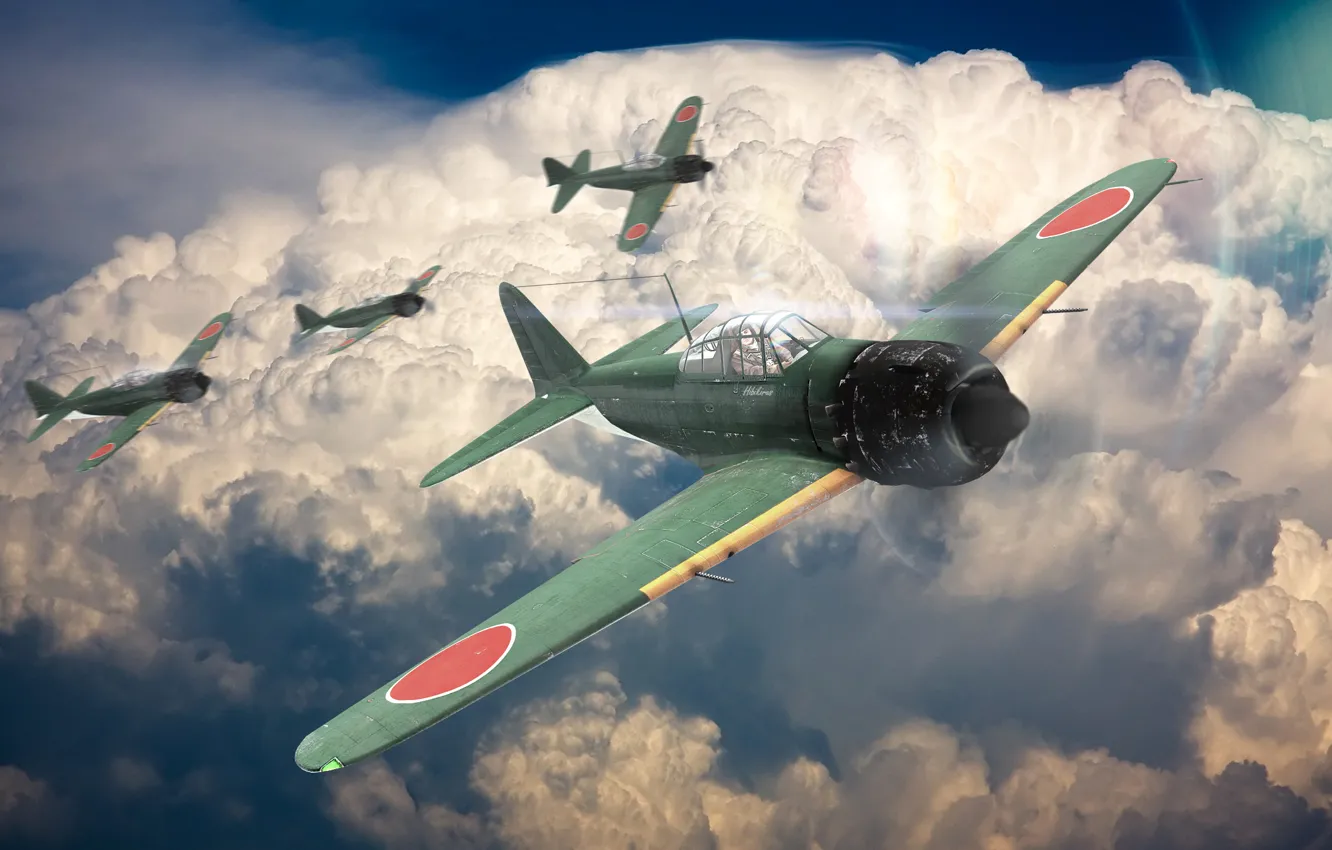 Photo wallpaper the sky, clouds, the plane, war, fighter, zero, A6M5, war thunder