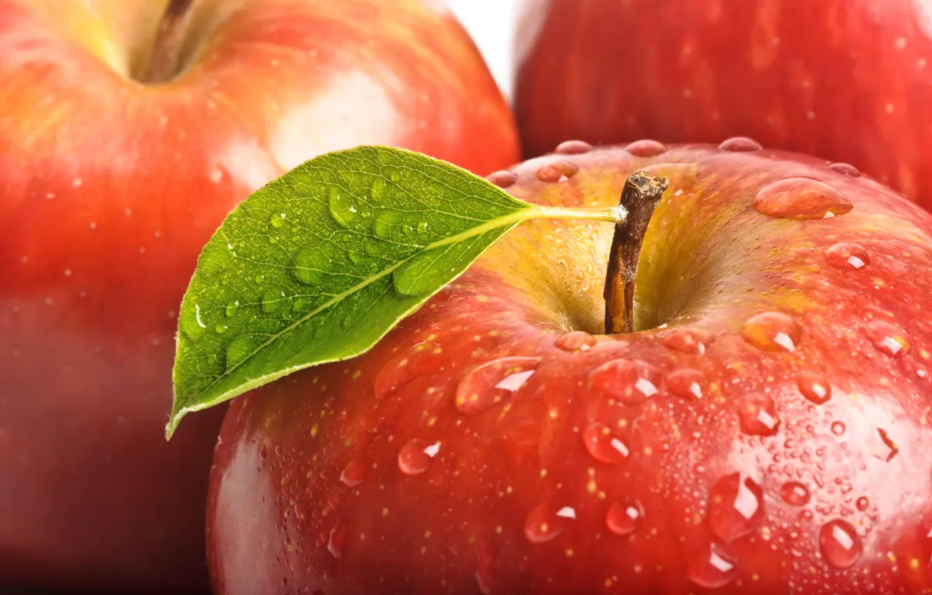 Photo wallpaper drops, macro, red, leaf, Apple, fruit