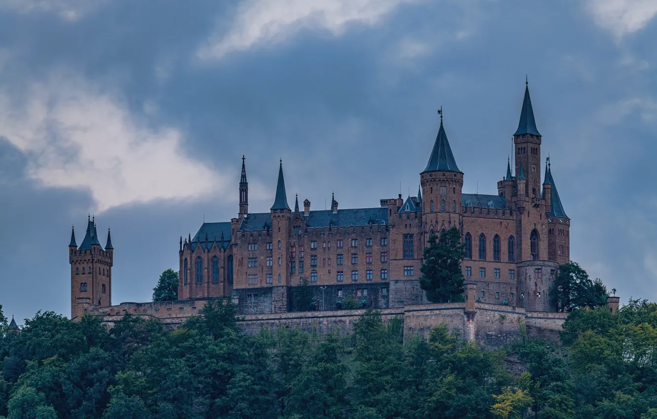 Photo wallpaper forest, the sky, clouds, trees, castle, wall, tower, Germany