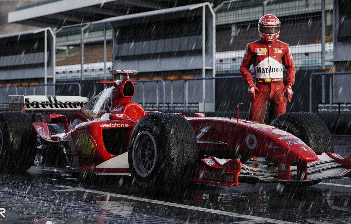 Photo wallpaper Sport, Rain, Formula 1, The car, Schumacher, Michael Schumacher, Michael Schumacher, Rendering