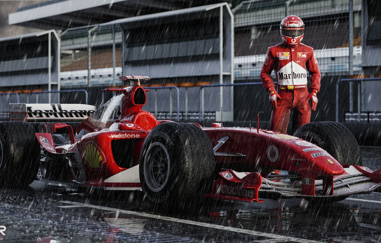Photo wallpaper rendering, rain, sport, formula 1, sports car, the car, the shower, Schumacher