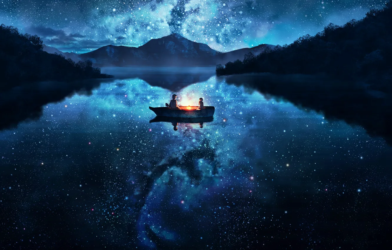 Photo wallpaper the sky, water, girl, stars, trees, mountains, night, nature