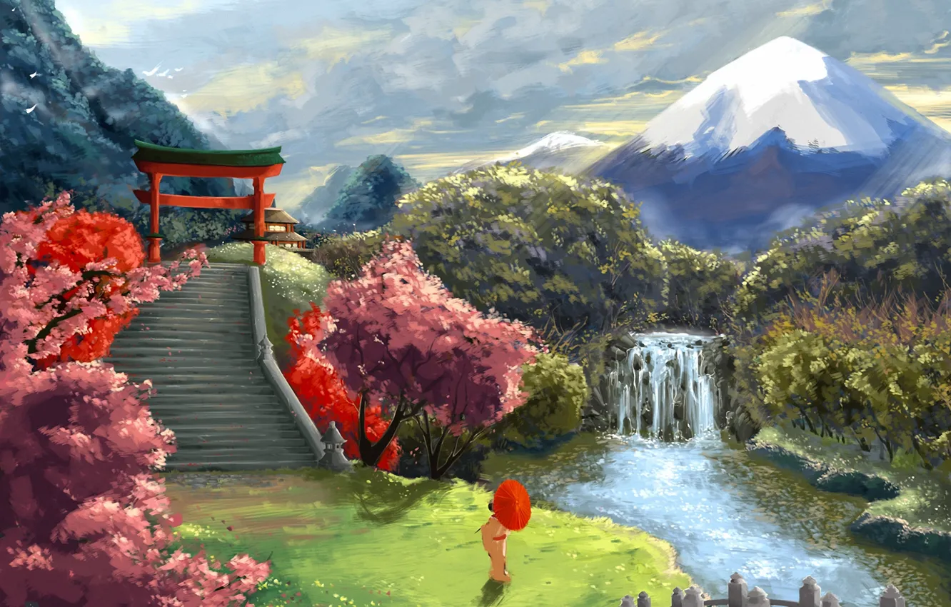 Photo wallpaper landscape, river, Asia, mountain, waterfall, umbrella, Sakura, art