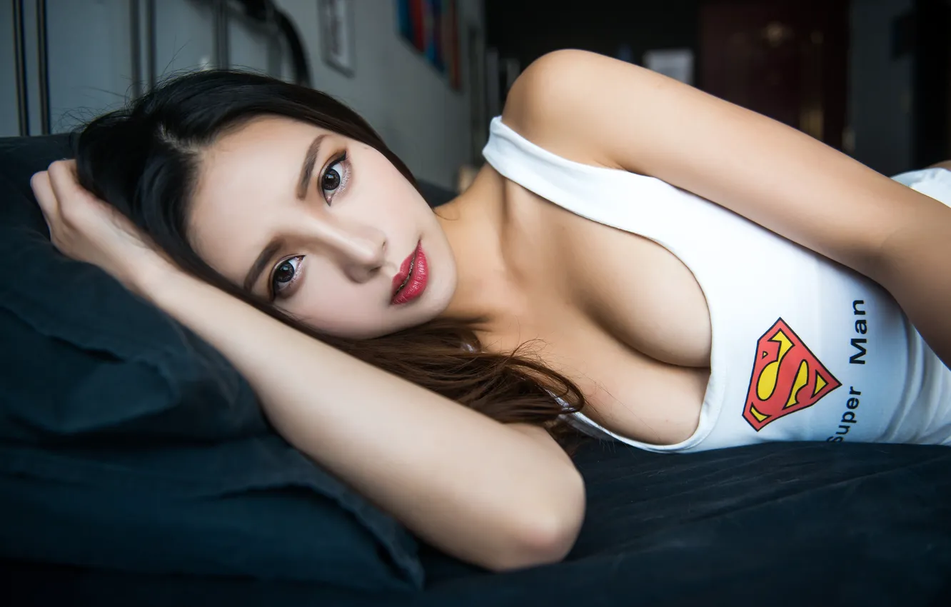 Photo wallpaper girl, logo, superman, cleavage, Asian, long hair, breast, photo
