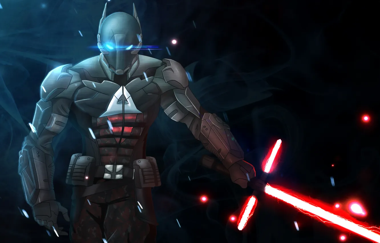 Photo wallpaper helmet, art, lightsaber, Arkham Knight, Batman: Arkham Knight
