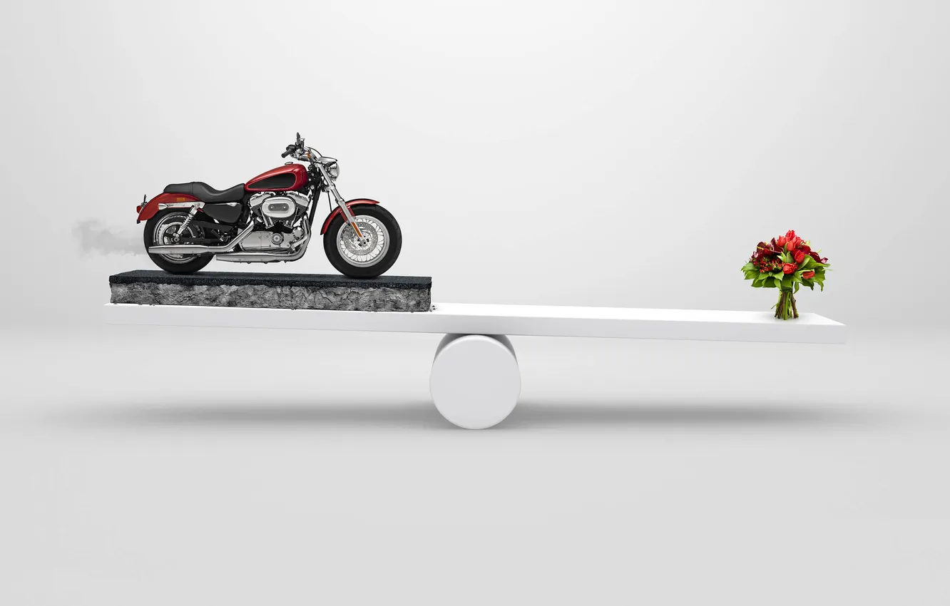 Photo wallpaper flowers, creative, bouquet, motorcycle, tulips, white, the advantage