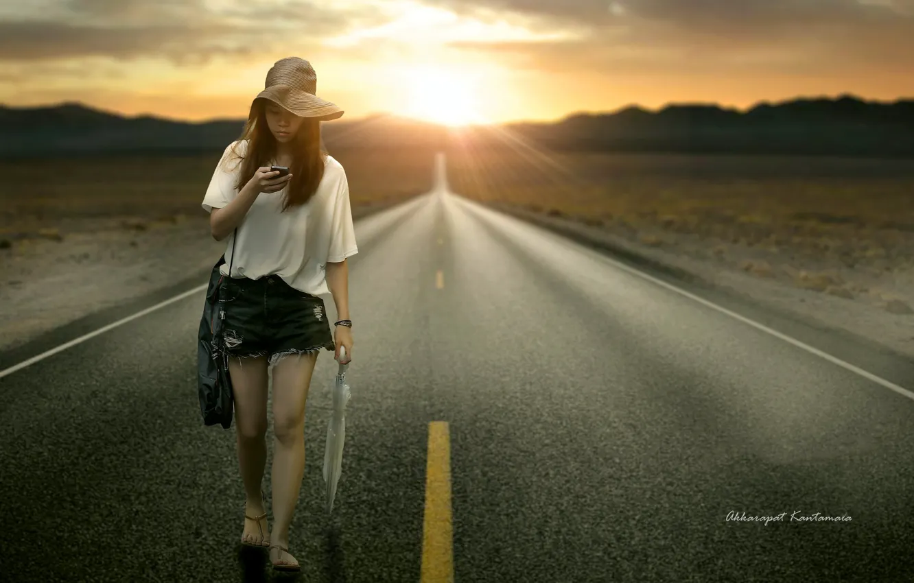 Photo wallpaper road, girl, sunset