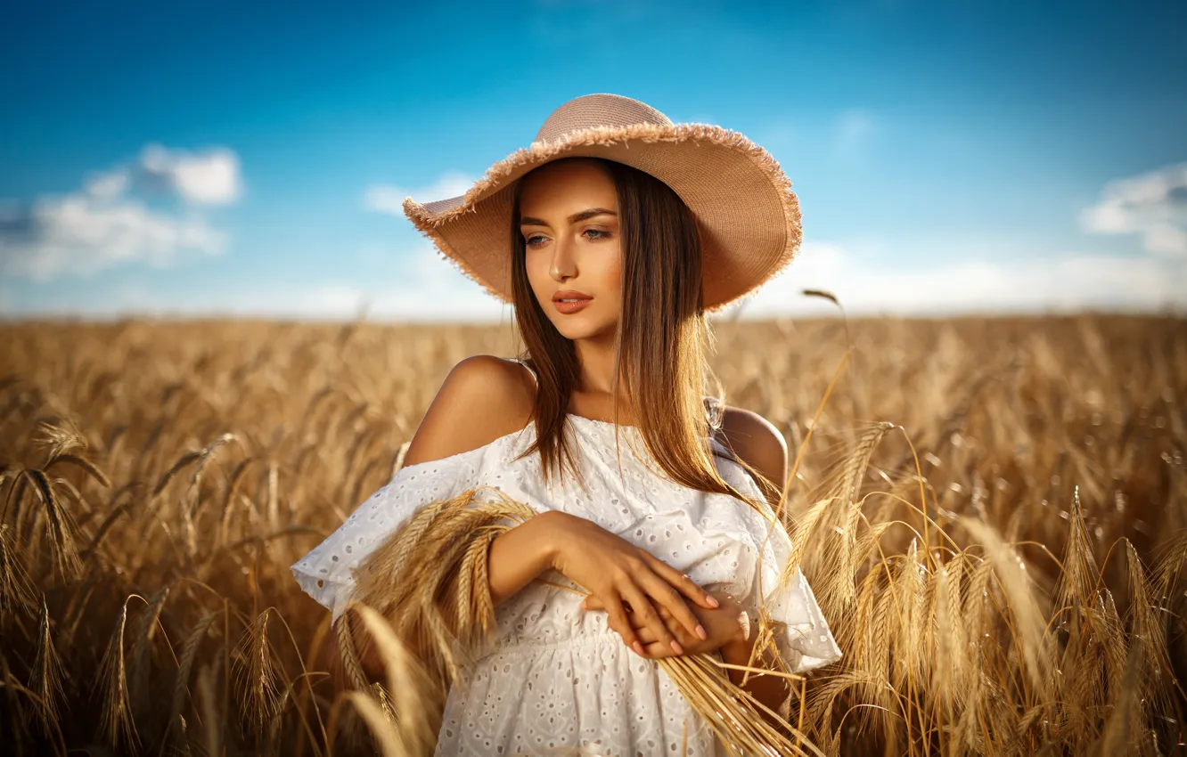Photo wallpaper field, summer, the sky, look, girl, nature, style, white