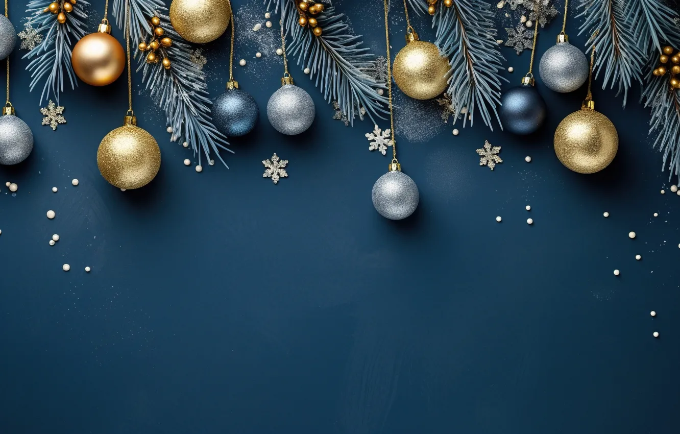 Photo wallpaper snowflakes, background, balls, new year, Christmas, golden, Christmas, balls