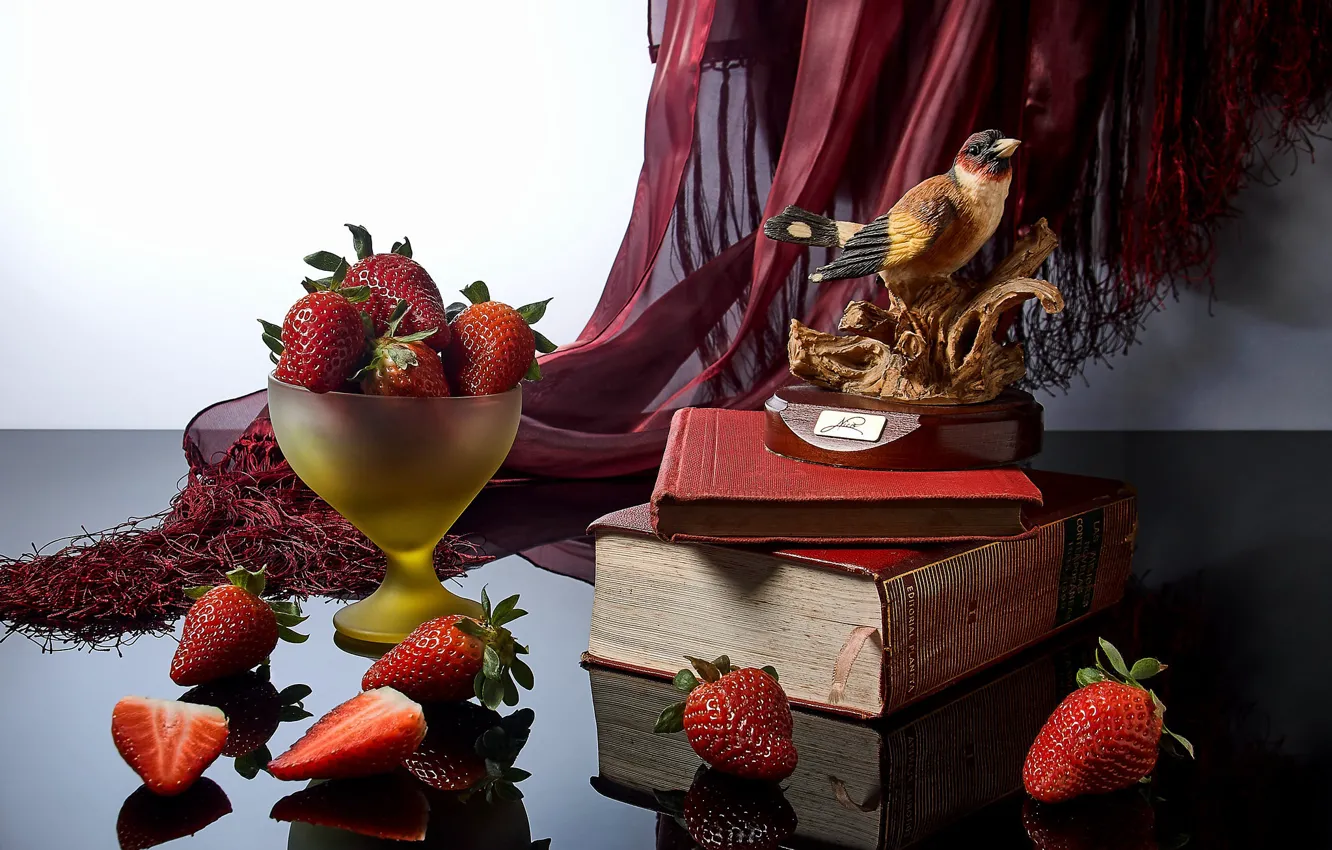 Photo wallpaper style, reflection, berries, books, strawberry, figurine, bird, still life