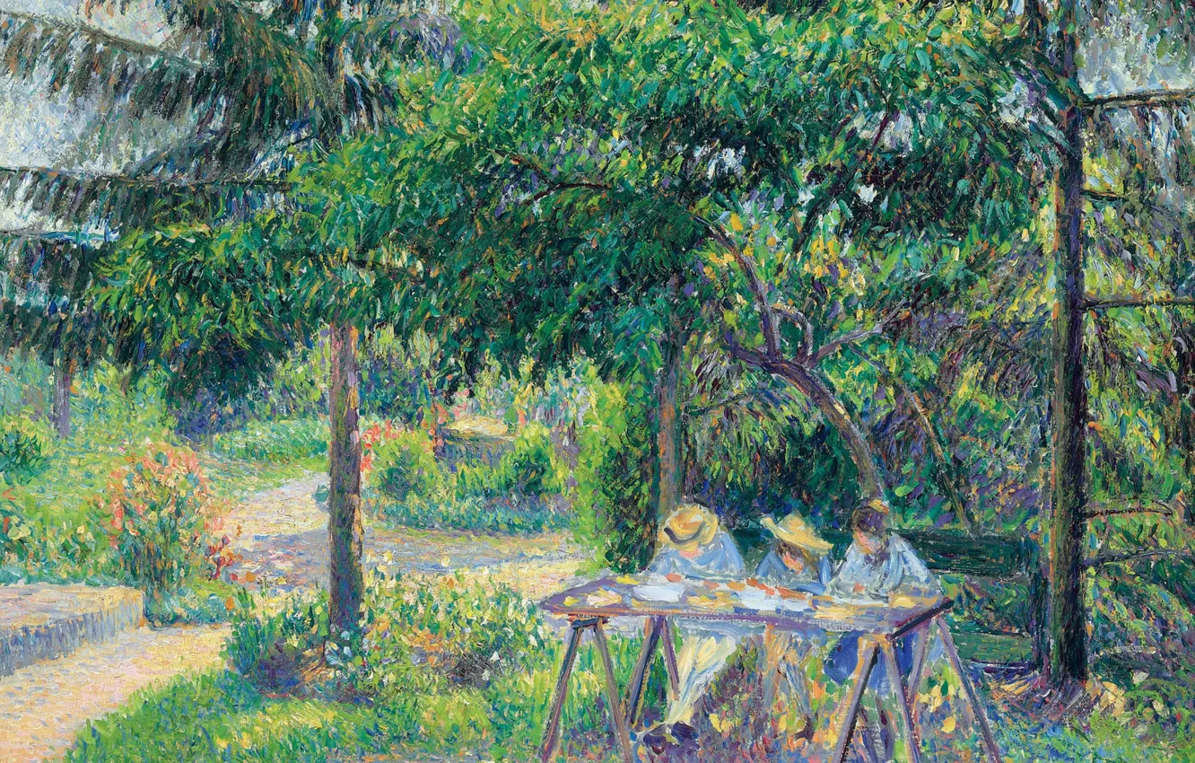 Photo wallpaper trees, landscape, nature, picture, Camille Pissarro, The children in the Garden in Eragny
