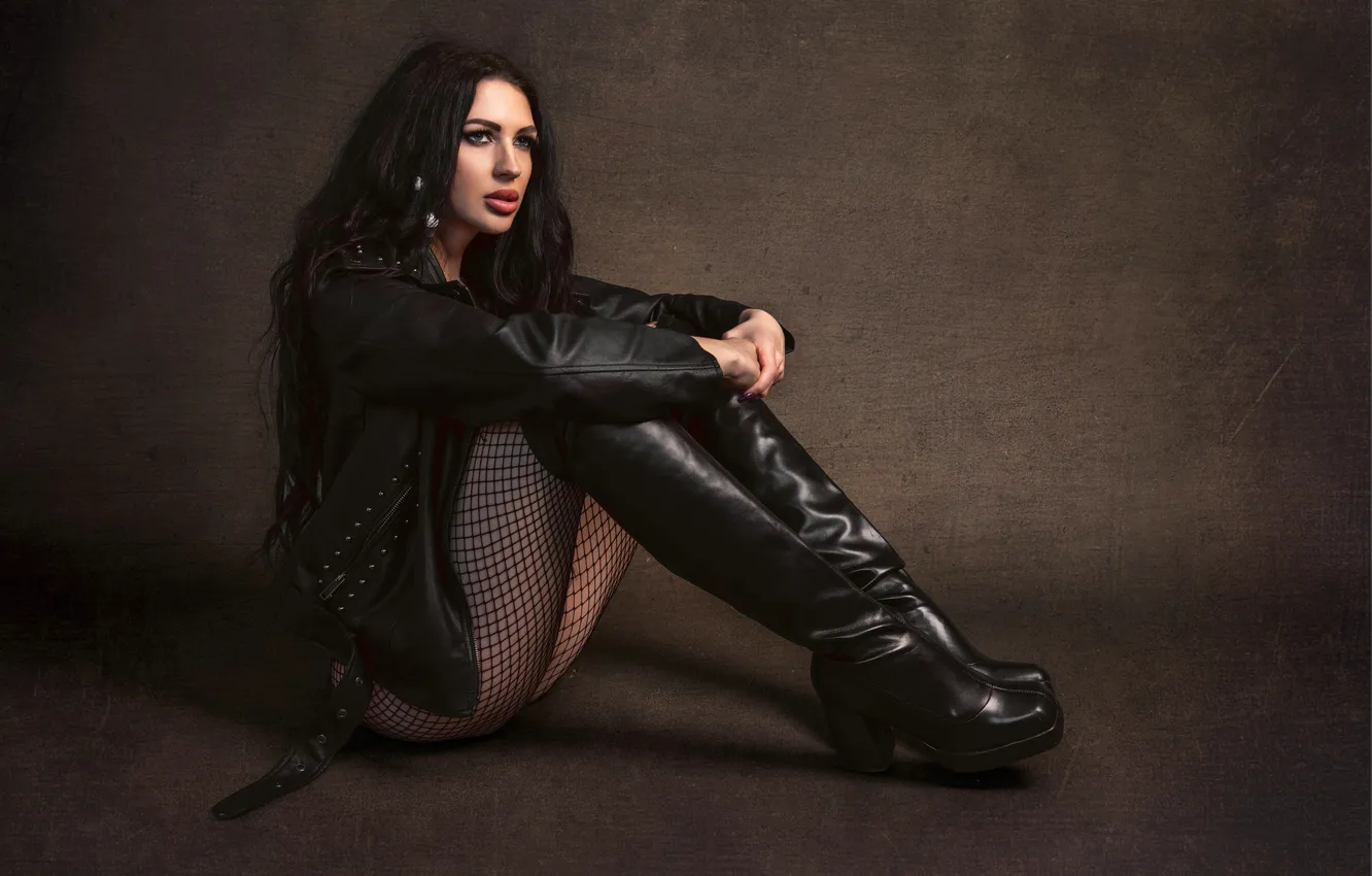 Photo wallpaper pose, feet, boots, brunette, jacket, sitting, Karina