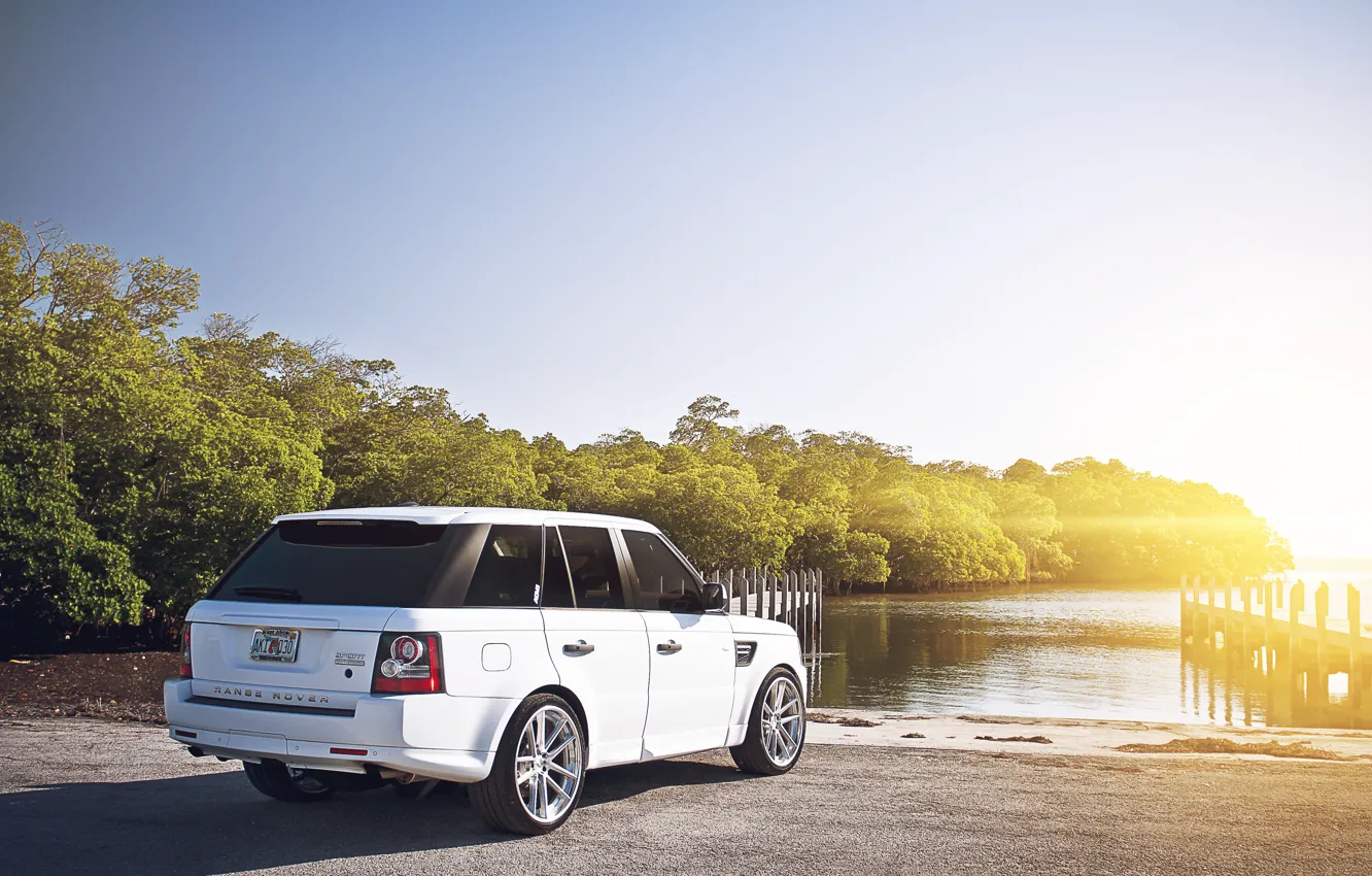 Photo wallpaper white, the sun, sport, pier, white, Land Rover, Range Rover, river